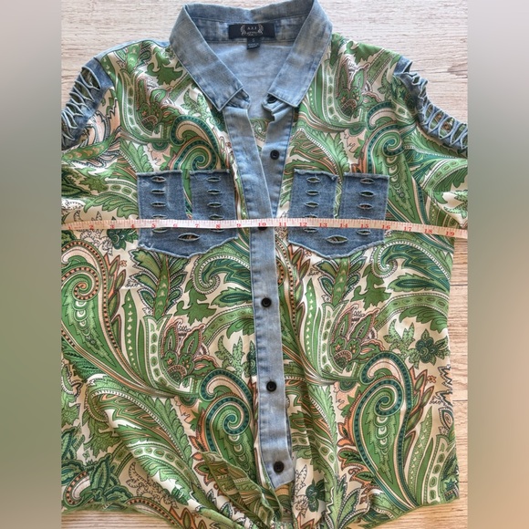 A.Z.I. New York Paisley Denim Chiffon Lattice Open Long Sleeve button Down Top S - Picture 9 of 15